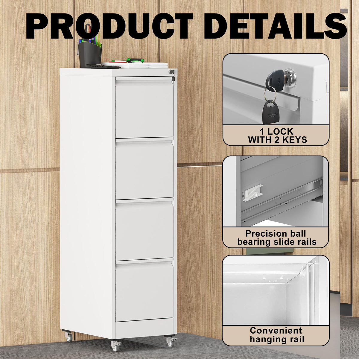 FOSTOKO File Cabinet with Lock, 4 Drawers Filing Cabient with Wheel, Steel Vertical Filing Storage Cabinet for Home Office, Heavy-Duty File Cabinets for Letters/Legal/A4 (Require Assembly, White)