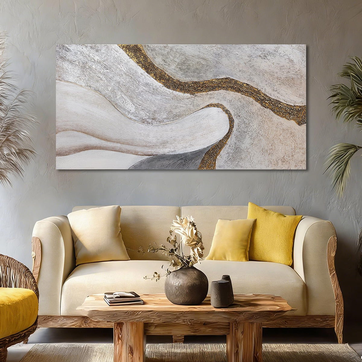ZUNARE Modern White and Gold Abstract Canvas Wall Art Textured Posters Picture Flowing Line Design Minimalist Artwork for Living Room Bedroom Office Neutral Wall Decor 24x48 Inch