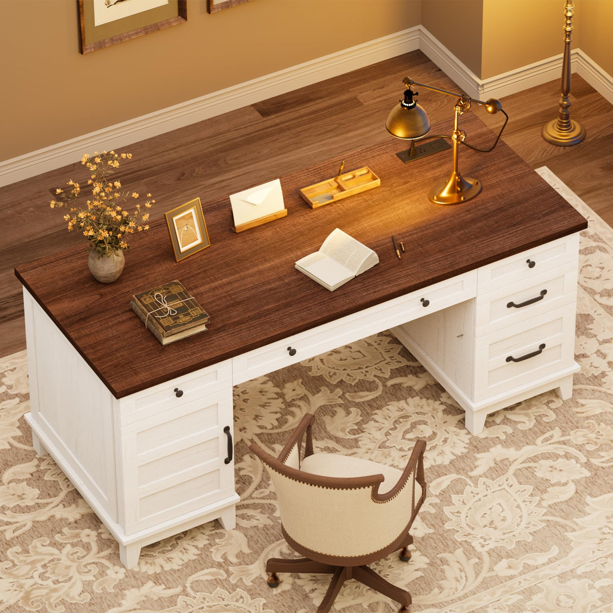 IDEALHOUSE Farmhouse Executive Desk 60 Inch, Wooden Home Office Desk with Adjustable Storage Cabinet, Built-in Charging Port, File Cabinet for Writing & Study, Elegant Workstation, Brownish White