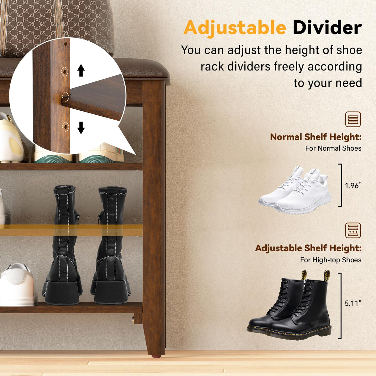 Shoe Rack Bench Entryway Storage with Leather Cushion, Shoe Organizer Bench for Entryway, Ideal for Front Doors Entrances Hallway Mudroom Featuring Rubberwood And 3 Height-Adjustable Removable Shelve
