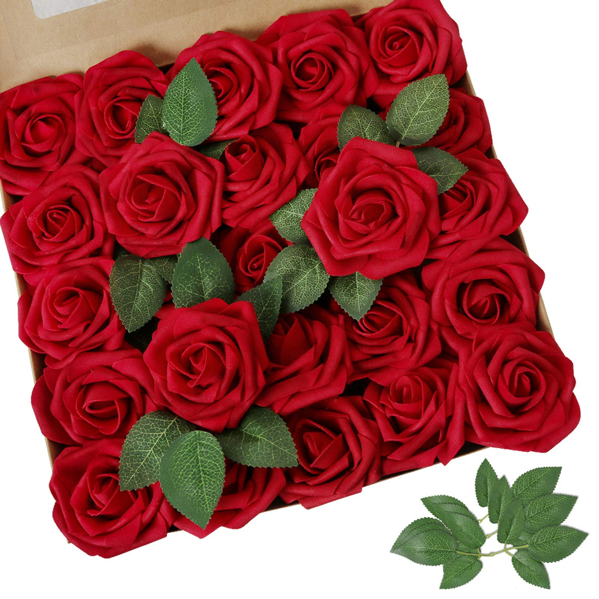 AmyHomie Artificial Flowers Dark Red Rose 50pcs Real Looking Fake Roses w/Stem for DIY Wedding Bouquets Centerpieces Arrangements Party Baby Shower Valentines Day Christmas Tree Decorations