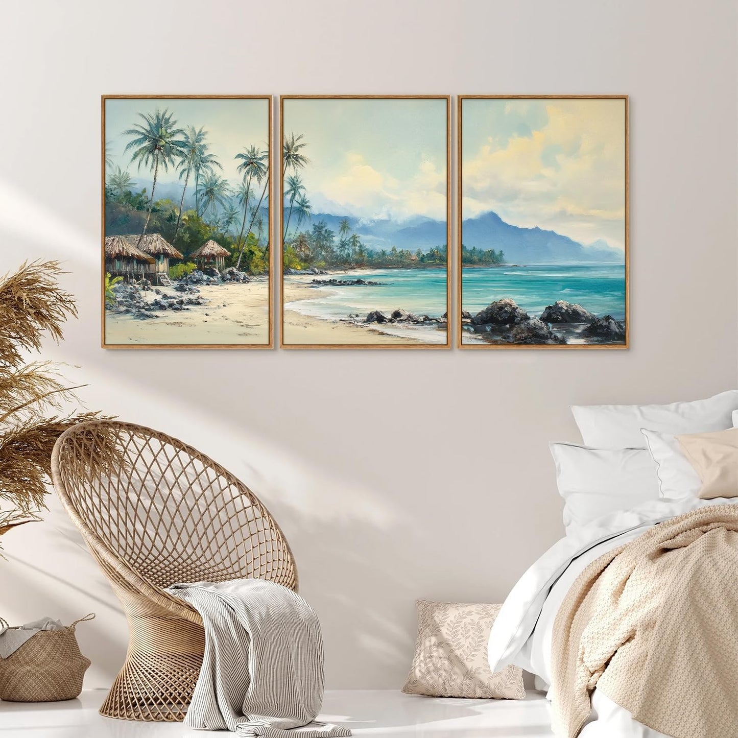Rantodecor Tropical Coastal Framed Canvas Wall Art, Beach Landscape Posters Wall Decor, Island Palm Trees Beach House Art Paintings, Seascape Mountains Artwork for Bedroom Living Room Office 16"x24"x3