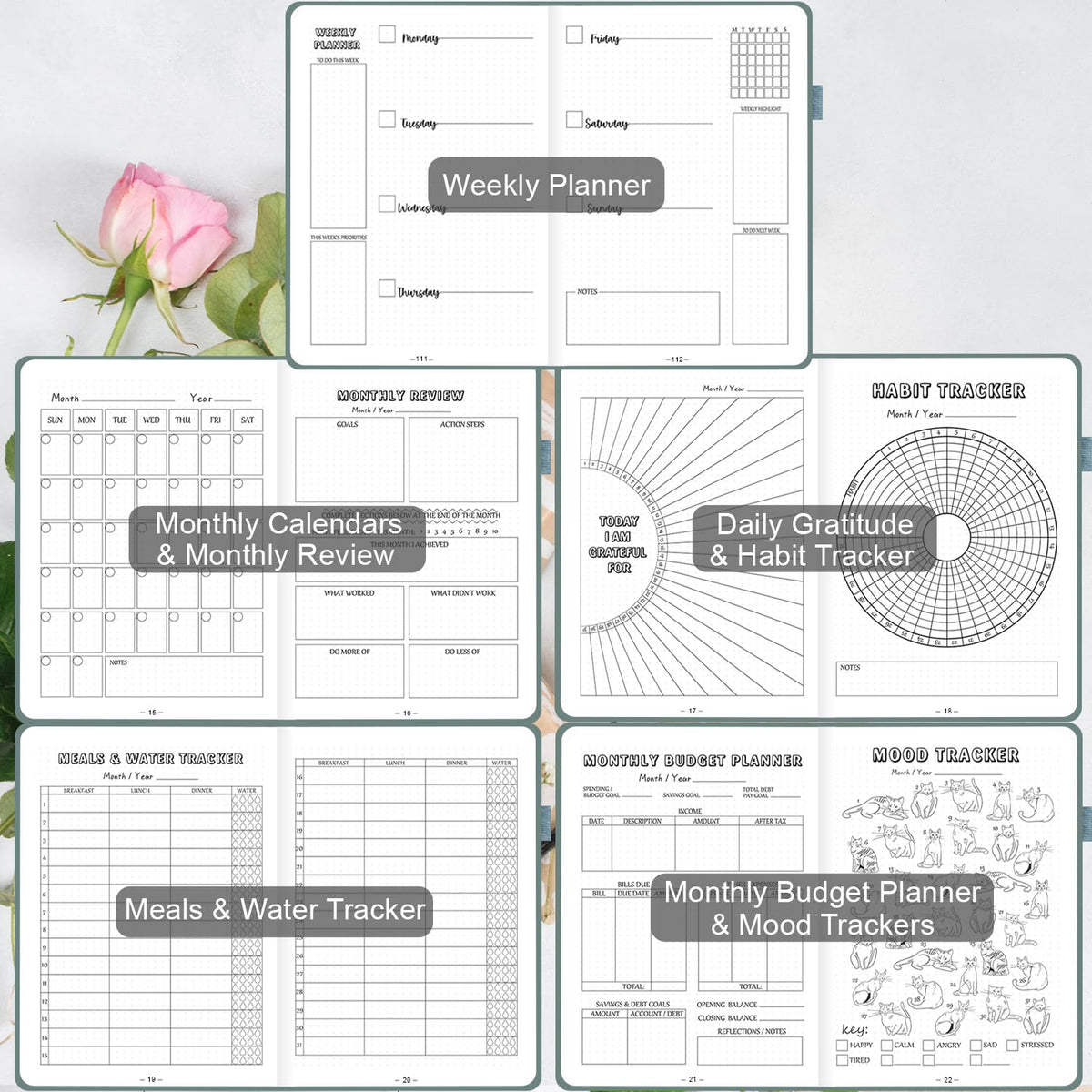 Premade Bullet Style Notebook with Undated Weekly & Monthly Planner, Dotted Journal with Pre-made Bullet Planner Stencils, Dot Grid Journaling with Habits & Mood Tracker, 12 Month Organization, A5