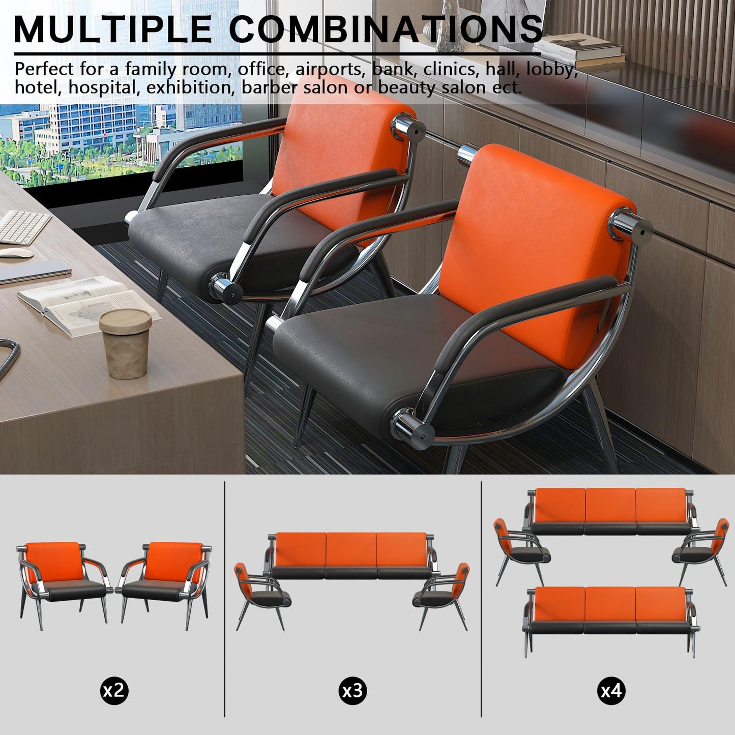 wonline 3 Seat Waiting Room Chair with Armrest PU Leather Office Furniture, Office Guest Seating Lobby Conference Reception Chairs for Airport Clinic Hospital Bank Salon Barber(Orange&Black)