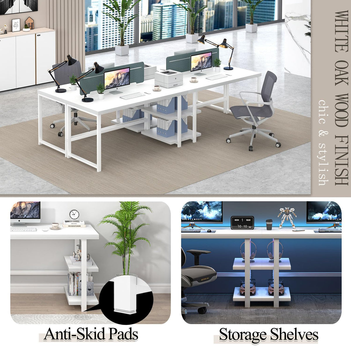 EXCEFUR White Computer Desk, Modern Home Office Desk with Storage Shelf, Wood and Metal Writing Study Table for Living Room Bedroom, 53 Inch
