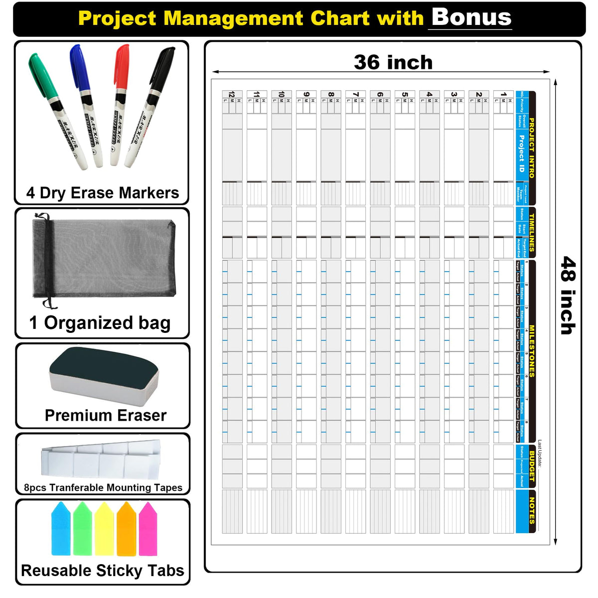 Large Project Management Vision Board, 36"x45" Office Whiteboard for Scheduling & Tracking Progress, Laminated Wall Planner for Managers & Entrepreneurs