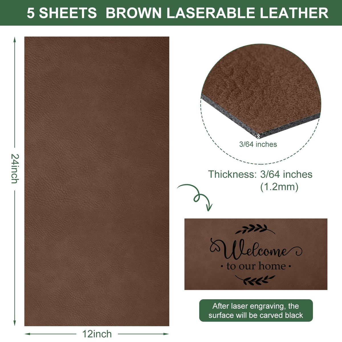 Huhumy 5 Pieces Laserable Leather Sheets Leatherette Sheets for Laser Engraving Leather Laser Engraving Supplies for Art Craft Supplies and Materials(12 x 24 Inch,Dark Brown)