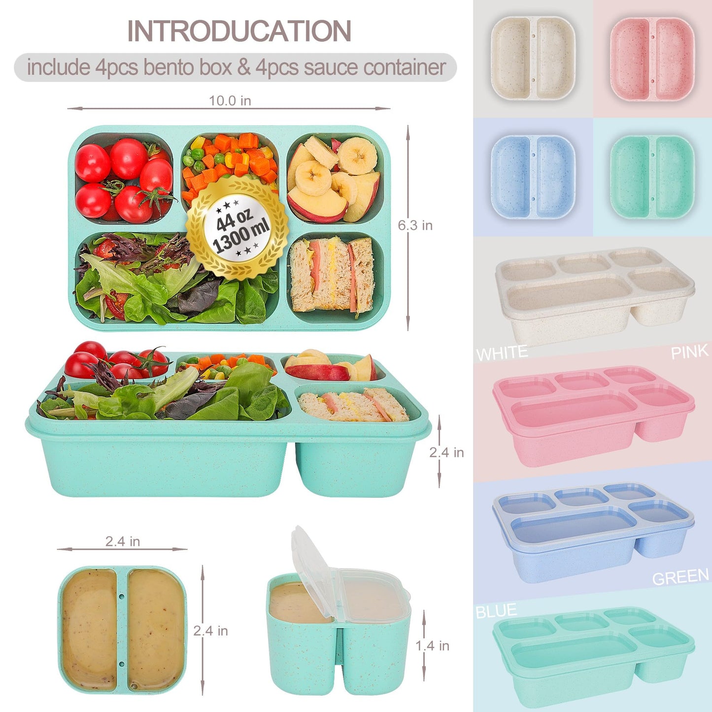 TOUWMX Bento Box Adult, 4 Pack 5 Compartments Meal Prep Container Reusable Food Storage Lunchable Containers with Sauce Containers, Snack Boxes For Adults Bento Box For Kids