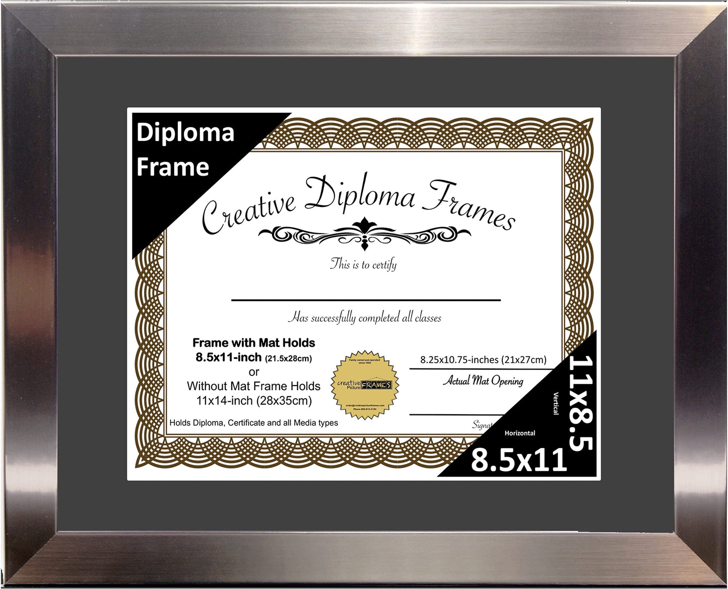 Creative Picture Frames 11” x 14” Stainless Steel Finish Diploma Frame with Black Mat to Hold 8.5 by 11-inch Graduation Documents w/Stand and Wall Hanger
