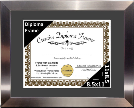 Creative Picture Frames 11” x 14” Stainless Steel Finish Diploma Frame with Black Mat to Hold 8.5 by 11-inch Graduation Documents w/Stand and Wall Hanger