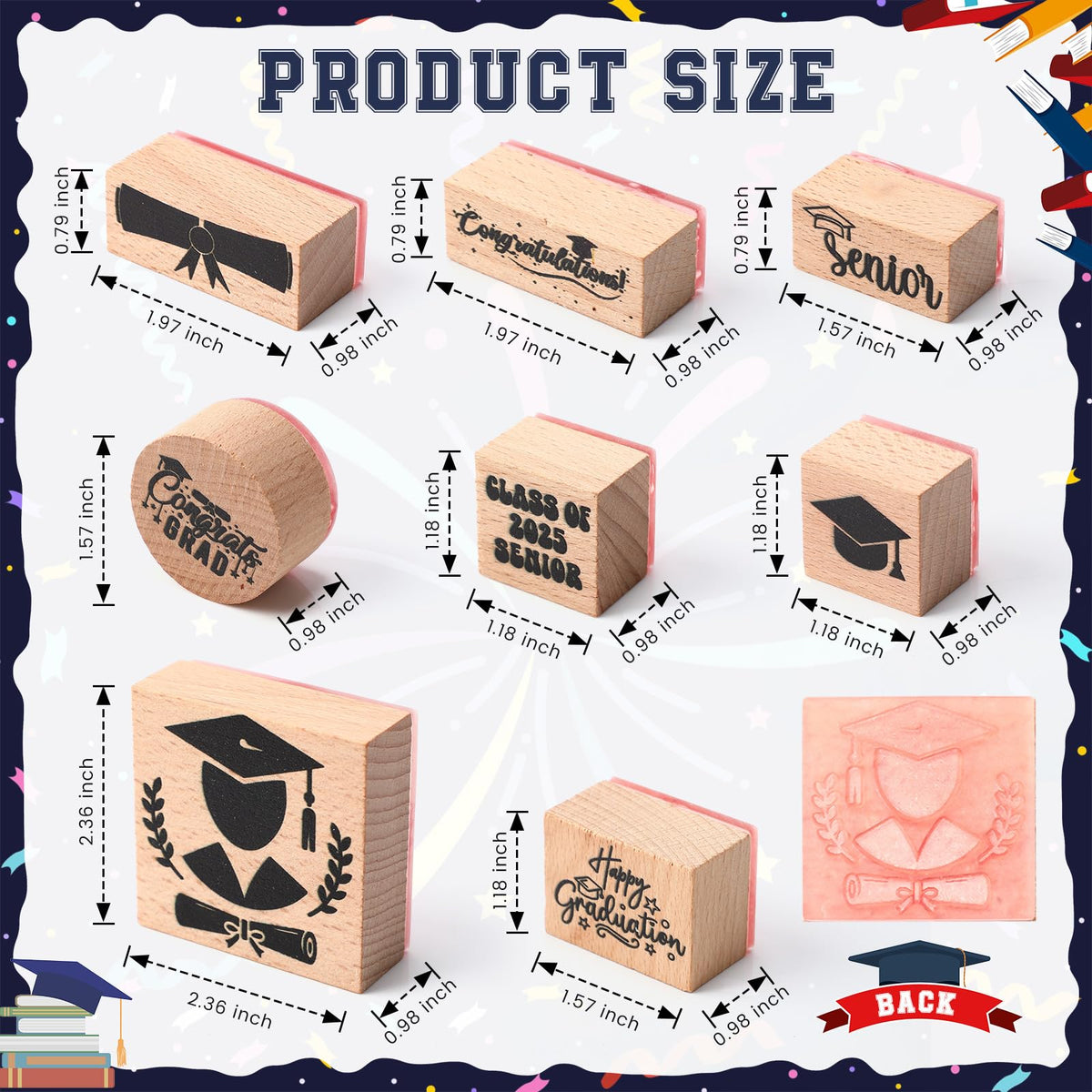 Supervitae 8 Pcs Graduation Rubber Stamps Set Wooden Rubber Stamps Graduation Season Vintage Wooden Rubber Art Stamps for Crafting and DIY Scrapbooking Card Making Hand Book