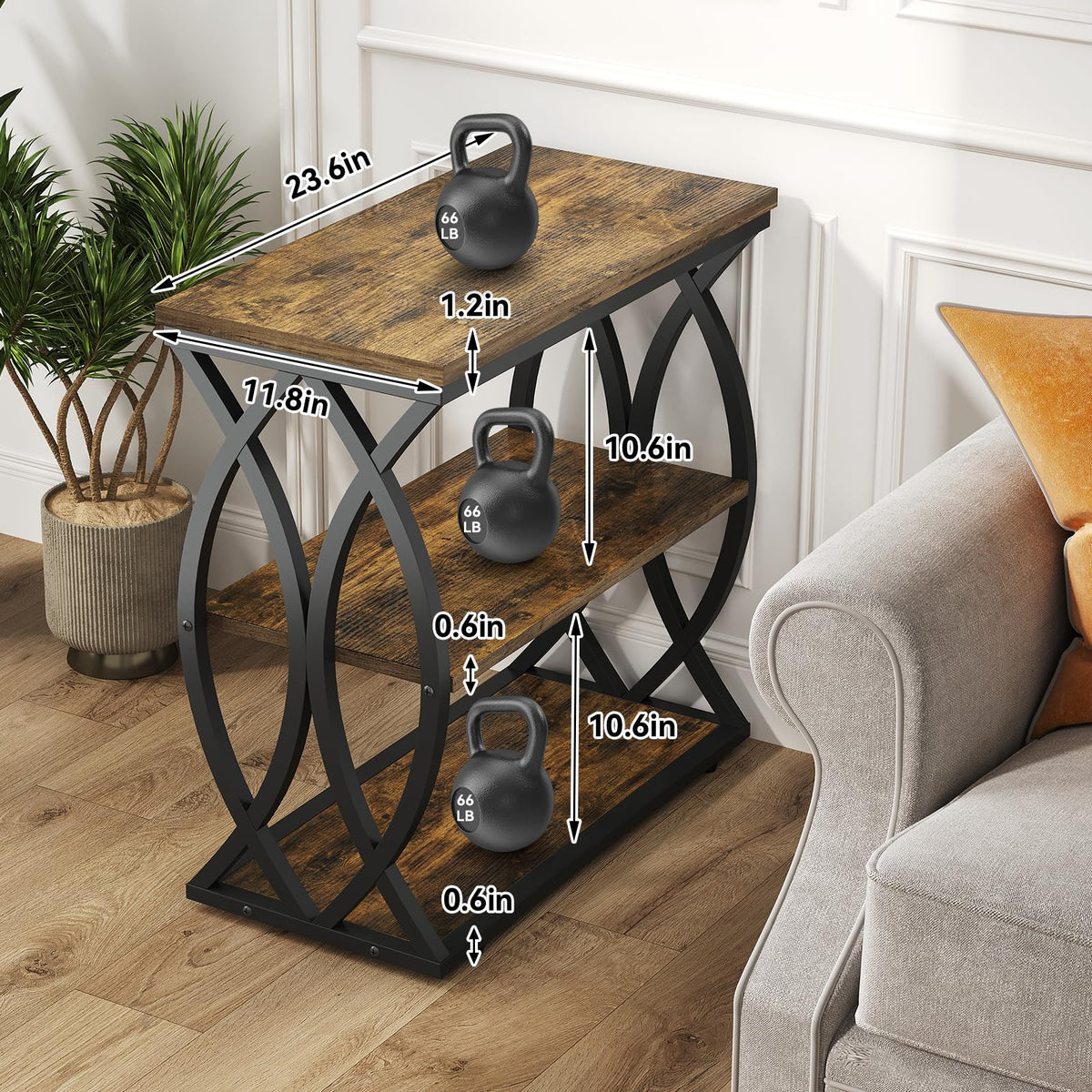 FJLHOHG End Table, Narrow Side Table, 3-Tier End Table with Metal Frame, Living Room Side Table with Storage for Couch, Sofa, Bedroom, Small Spaces, Easy Assembly, 23.6"D*11.8"W*23.6"H, Rustic Brown