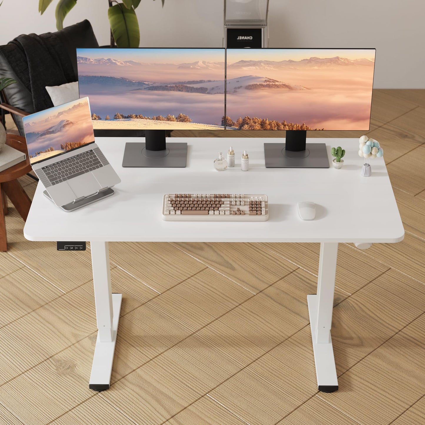 LongKe Electric Standing Desk Adjustable Height, 55x24 Inches Sit Stand up Desktop for Home Office, Ergonomic Rising Computer Table with Memory Preset, White