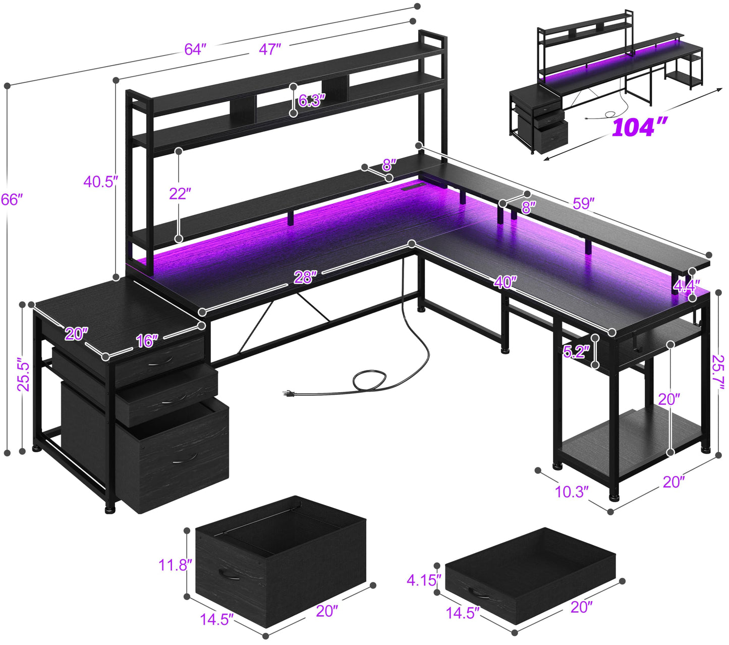 EnHomee104''Gaming Desk with Hutch and Drawers, Reversible L Shaped Desk with Power Outlet & Monitor Stand & LED Lights, Computer Corner Desk, Two Person Desk of 3 monitors for Living,Gaming,Black