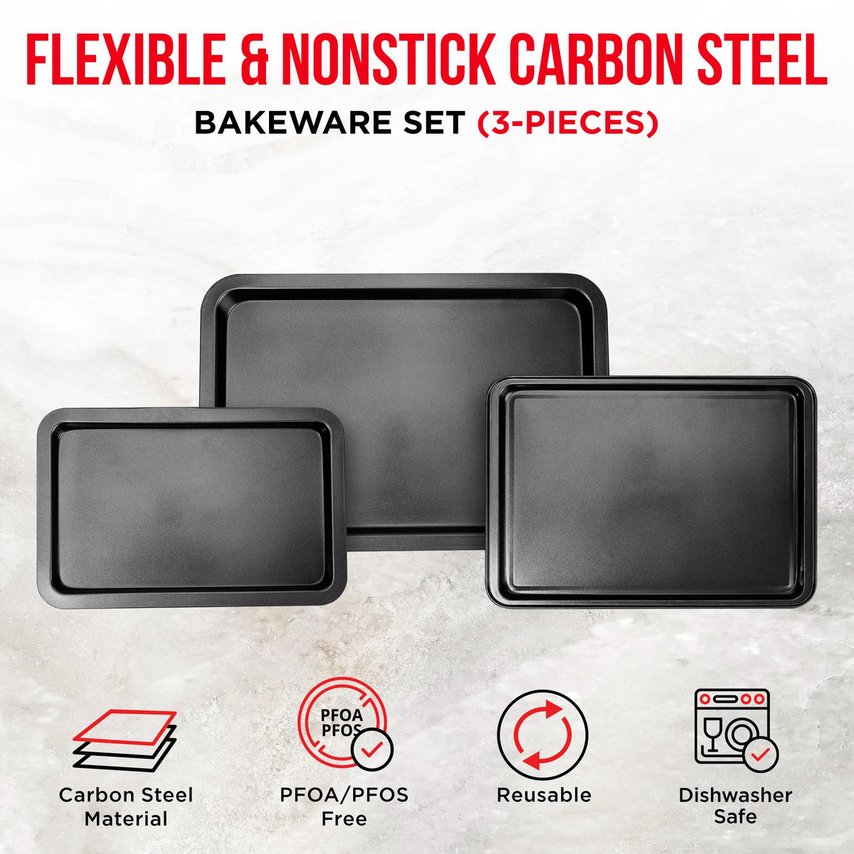 3 Piece Set Nonstick Carbon Steel Oven Bakeware -Professional Quality Kitchen Cooking Baking Trays -PFOA, PFOS, PTFE-Free Small, Medium & Large Baking Sheet Pans