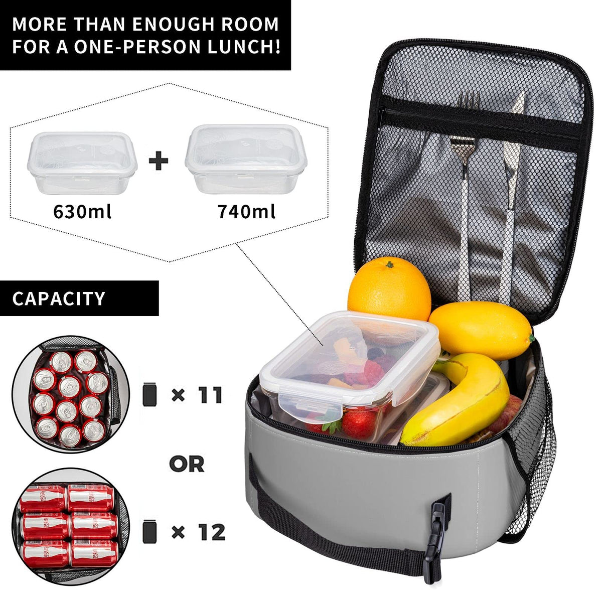 Lhdlnn Gray Lunch Bag Women Men Insulated Grey Lunch Box Reusable Large Cooler Tote Adults with Bottle Holder for Work Office Picnic