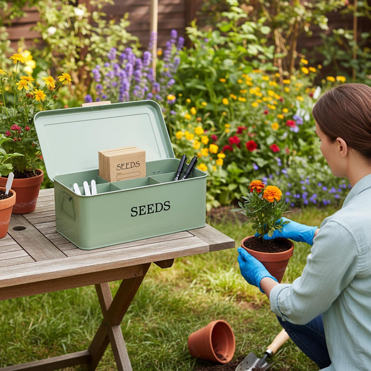 Mowhut Seed Storage Organizer,Metal Seed Saving Box with Lid,4 Compartments Box with Safety Locks,Garden Supplies Container with 20 Plant Labels 50 Saving Envelopes 2 Marker Pens,Green