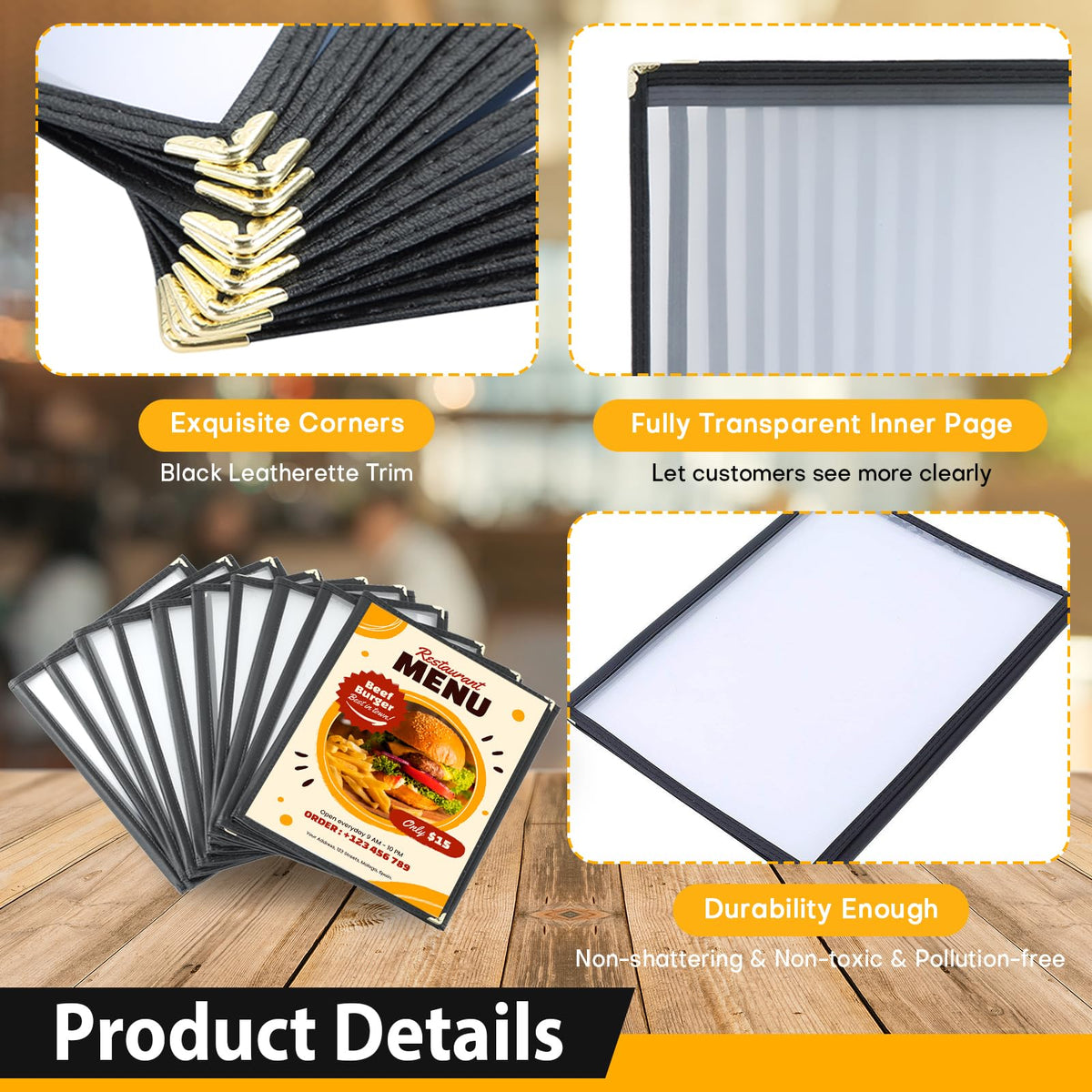 FLKQC 10 Pack 3 Page Menu Covers, 6 View 8.5 x 11 Inch Clear PVC Menu Holder, Double Stitched Restaurant Menu Sleeves for Food, Wine & Drink Menus, Morning Menu Sleeves