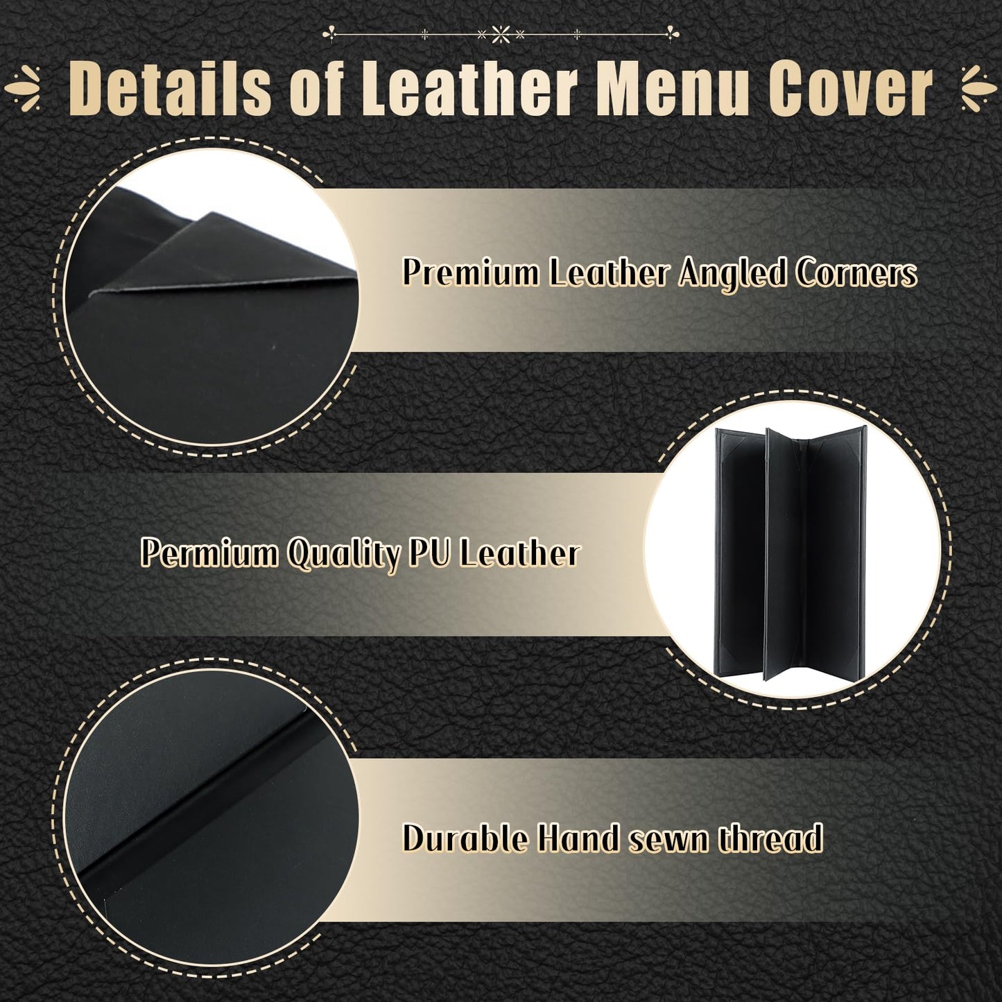 FLKQC Restaurant Menu Covers Holders 4.25" x 11" | Pack of 10 Synthetic Leather Triple Fold Panels 4 View Angled Corners Black for Wine List, Drinks (10, Triple Fold Panels 4 View (4.25 x 11 inch))