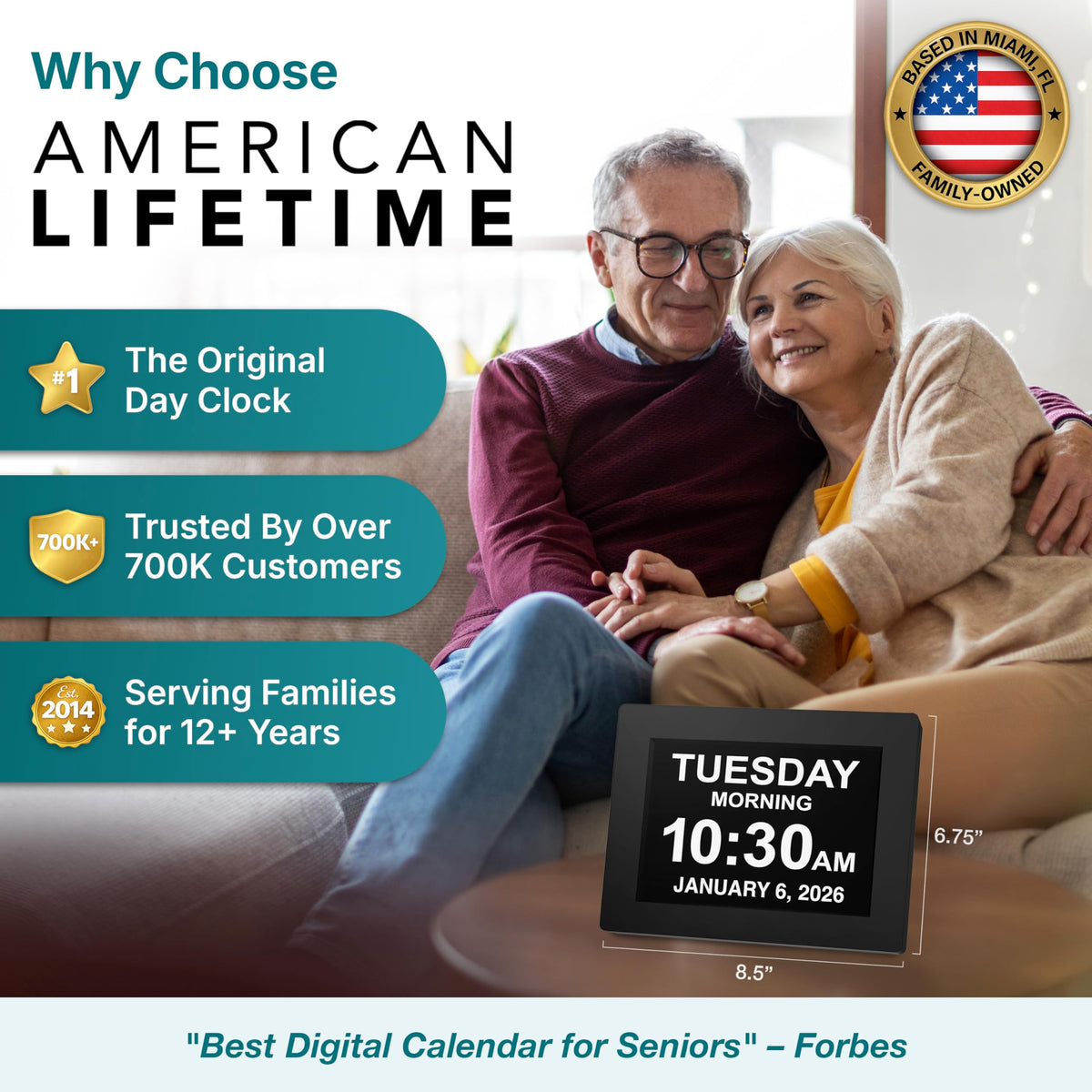 American Lifetime Large Digital Clock for Seniors, Black, 8 inch, with Day & Date, Customizable Alarms, Auto-Dimming, Multi-Language Support, Battery Backup, Easy Setup, and Gift Option