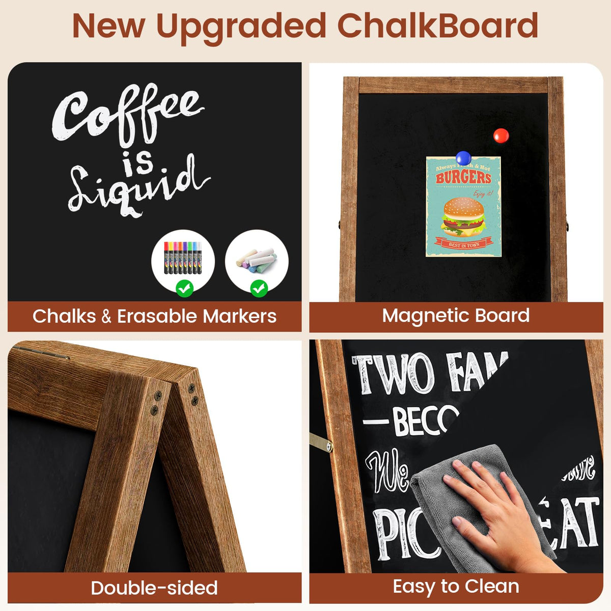 Chezerra A Frame Chalkboard Sign, 40"x20" Extra Large Sidewalk Chalk Board, Wooden Standing ChalkBoards Set with Markers, Double-Sided Magnetic Blackboard for Cafés, Weddings, Party Guide, Brown