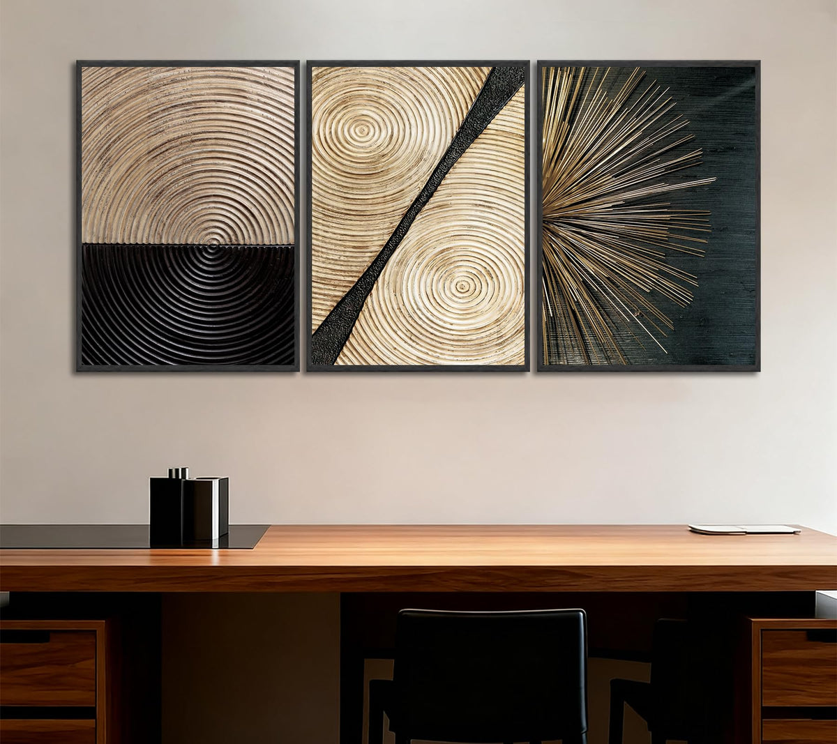 3Pcs Retro Wood Grain Canvas Wall Art Minimalist Black Gold Abstract Line Painting Pictures Wall Decor Neutral Geometric Beige Brown Poster Prints for Bedroom Office Decoration 12x16in Unframed