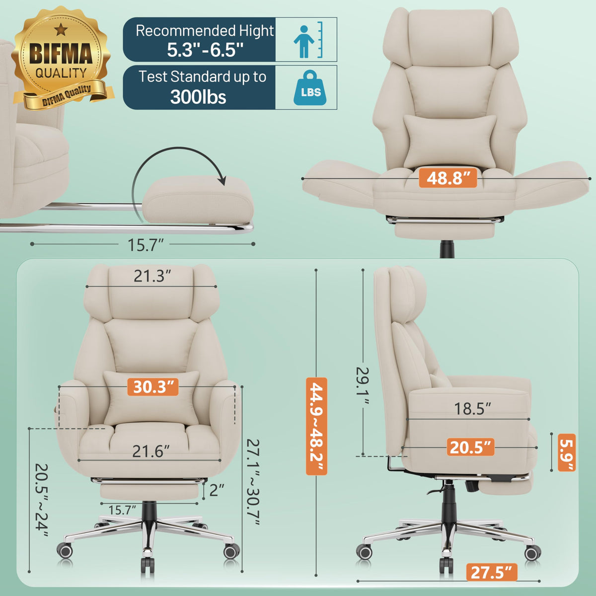 GABRYLLY Office Criss Cross Chair with Footrest, Big and Tall Executive Chair with Wide Seat,Reversible Armrest,Wheels, Lumbar Pillow and 120°Tilt,Computer Desk Chair for Gaming,Meditation,Ivory