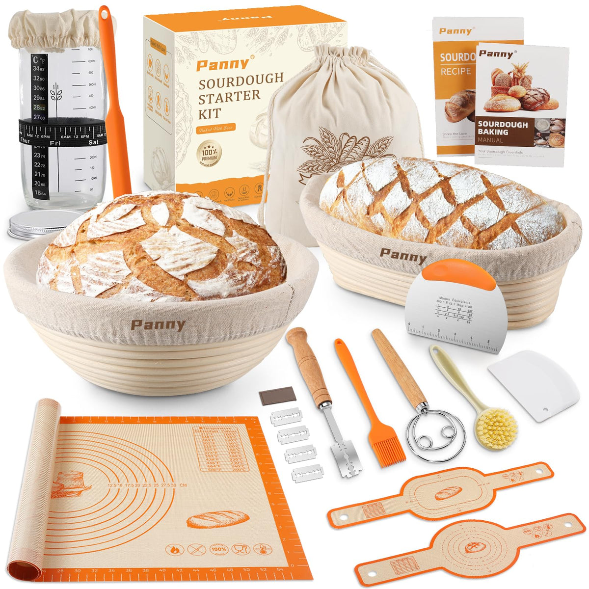 Panny Sourdough Starter Kit, Banneton Bread Proofing Basket with Glass Sour Dough Starter Jar, Sourdough Bread Baking Supplies, Making Tools, 9" Round & 10" Oval Baskets, Complete Gift for Men Women