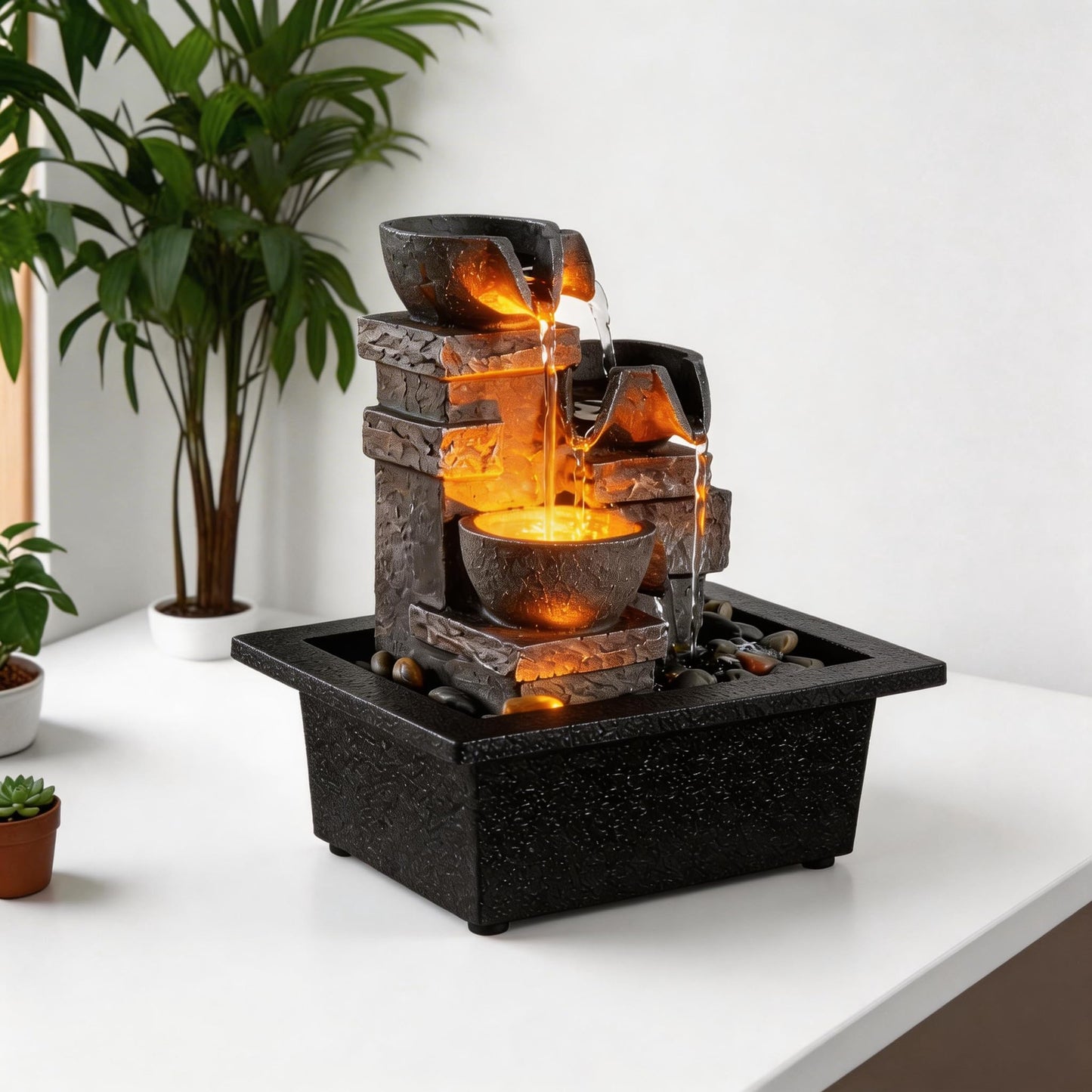 MAOCHI Indoor Fountain 3-Bowl Rockery Soothing Sound Tabletop Fountains Home/Office Decor with Natural River Rocks LED Lights Automatic Watering Pump(22044A)