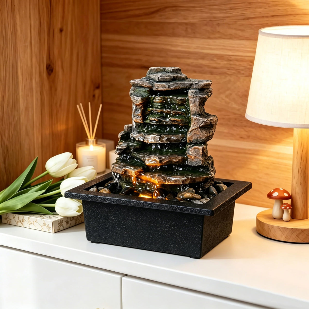 GOSSI Home Décor Waterfall Meditation Fountain Indoor Tabletop Many Natural River Rocks Decorated Office Home Tabletop Fountion with LED Lights Christmas Decorations