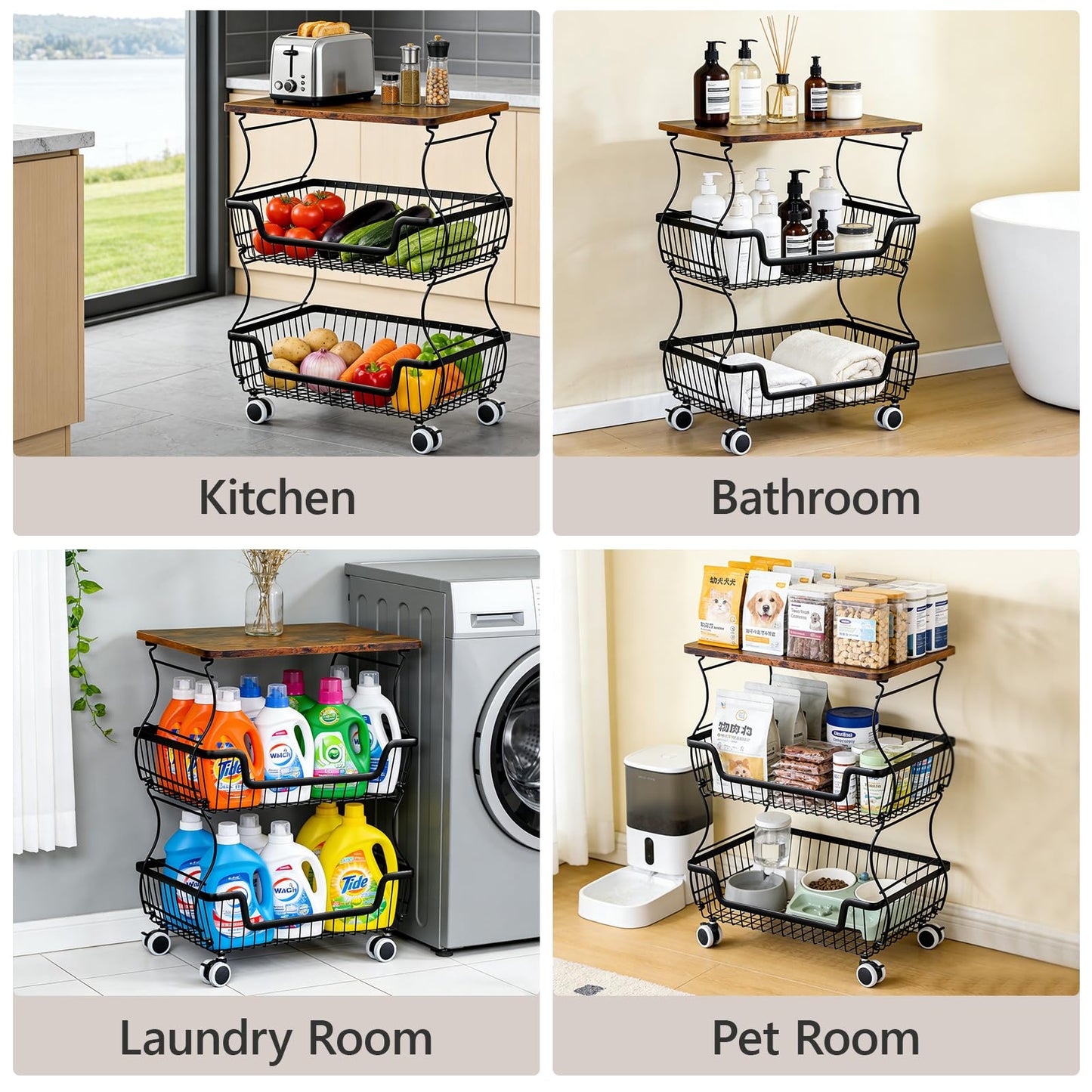 2 Pack Utility Rolling Cart 3-Tier Metal Storage Organizer Cart with Wooden Top Snack Rack Pantry Cart with Wheels for Kitchen, Bathroom, Office, Bedroom, Living Room, Black