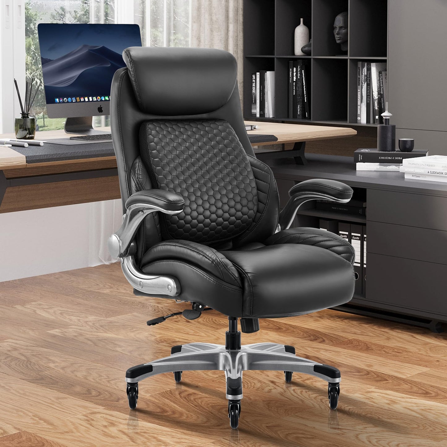 COLAMY Office Ergonomic Desk High Back Executive Chair with Pop-Out Lumbar Support, Upgraded Casters, Adjustable Headrest, Flip-Up Arms, Leather Home with Thick Cushion for Comfort - Black