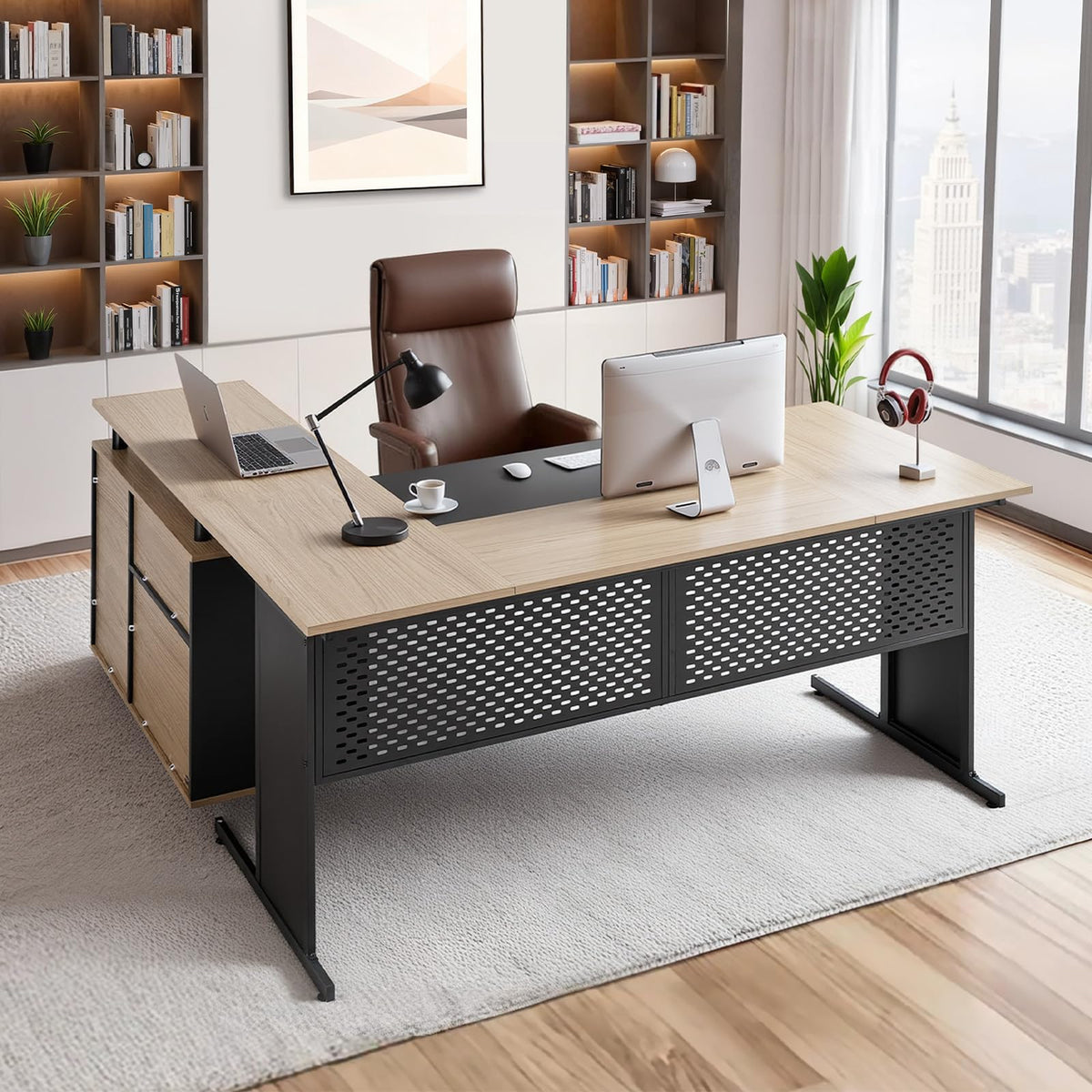 VEVOR 63" L-Shaped Executive Desk, Large Office Desk with Drawers, File Storage Cabinet, Detachable 350 LBS Load Capacity Corner Table, Easy Assembly, Business Furniture Workstation for Home Office