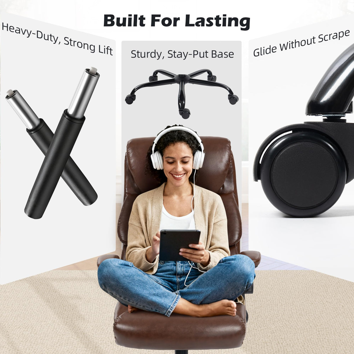 Office Chair - Ergonomic High Back Computer Desk Chair with Rocking Function & Lumbar Support - Executive Comfortable Wide Swivel Rolling Office Leather Chair with Flip-up Armrests for Home Gaming