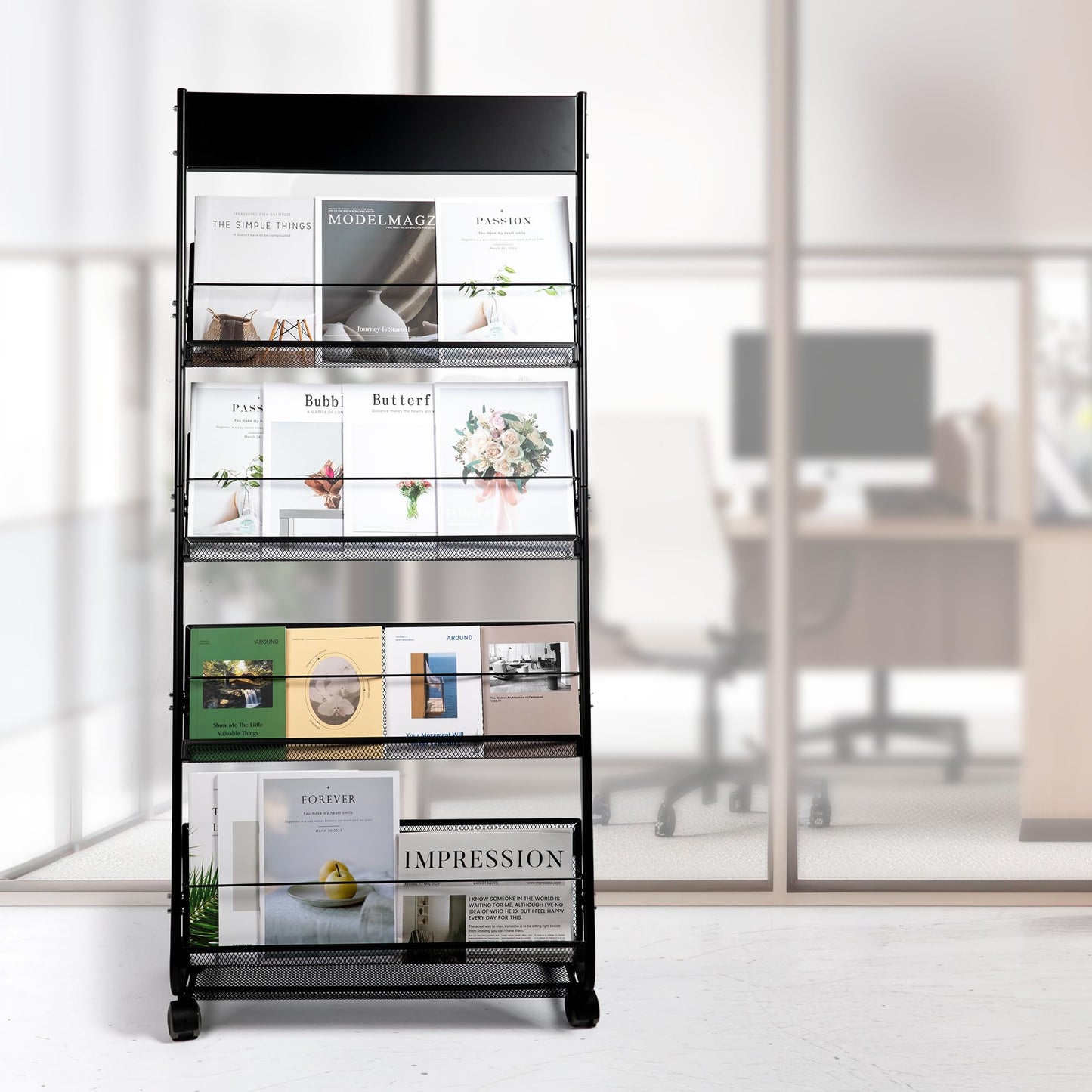 KIZECK Floor Magazine Rack Brochure Display Stand 4-Layer With Wheels And Top Billboard, Newspaper Magazine Holder High-Hardness For Office Exhibitions, Black (57.5''*25''*13.2'')