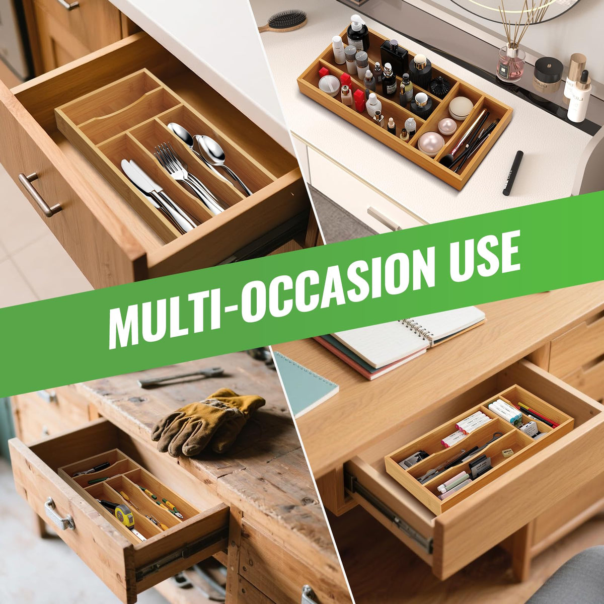 Bayting Small Silverware Organizer, Bamboo Kitchen Drawer Cutlery Organizer, Utensil Holder, Flatware Organizer Tray (14.2"x6.7"x1.6")