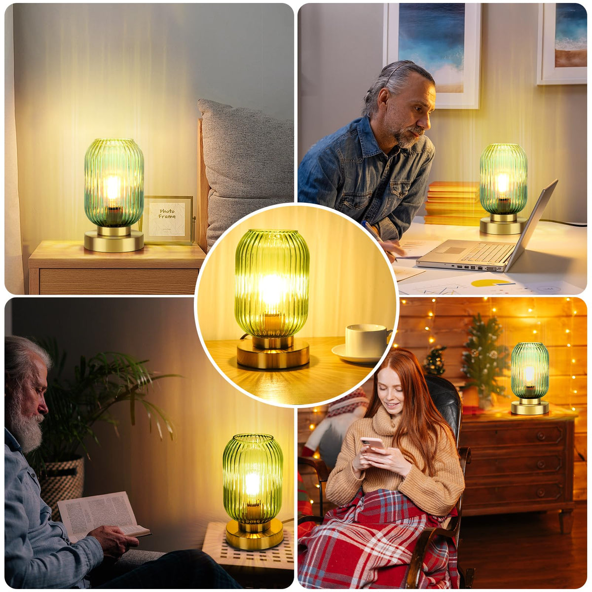 LEDIKON Mid Century Modern Table Lamp, Touch Control & 3 Way Dimmable, Green Ribbed Glass Shade, Small Gold, Vintage Bedside Lamp for Bedroom, Living Room,Office (Bulb Included)
