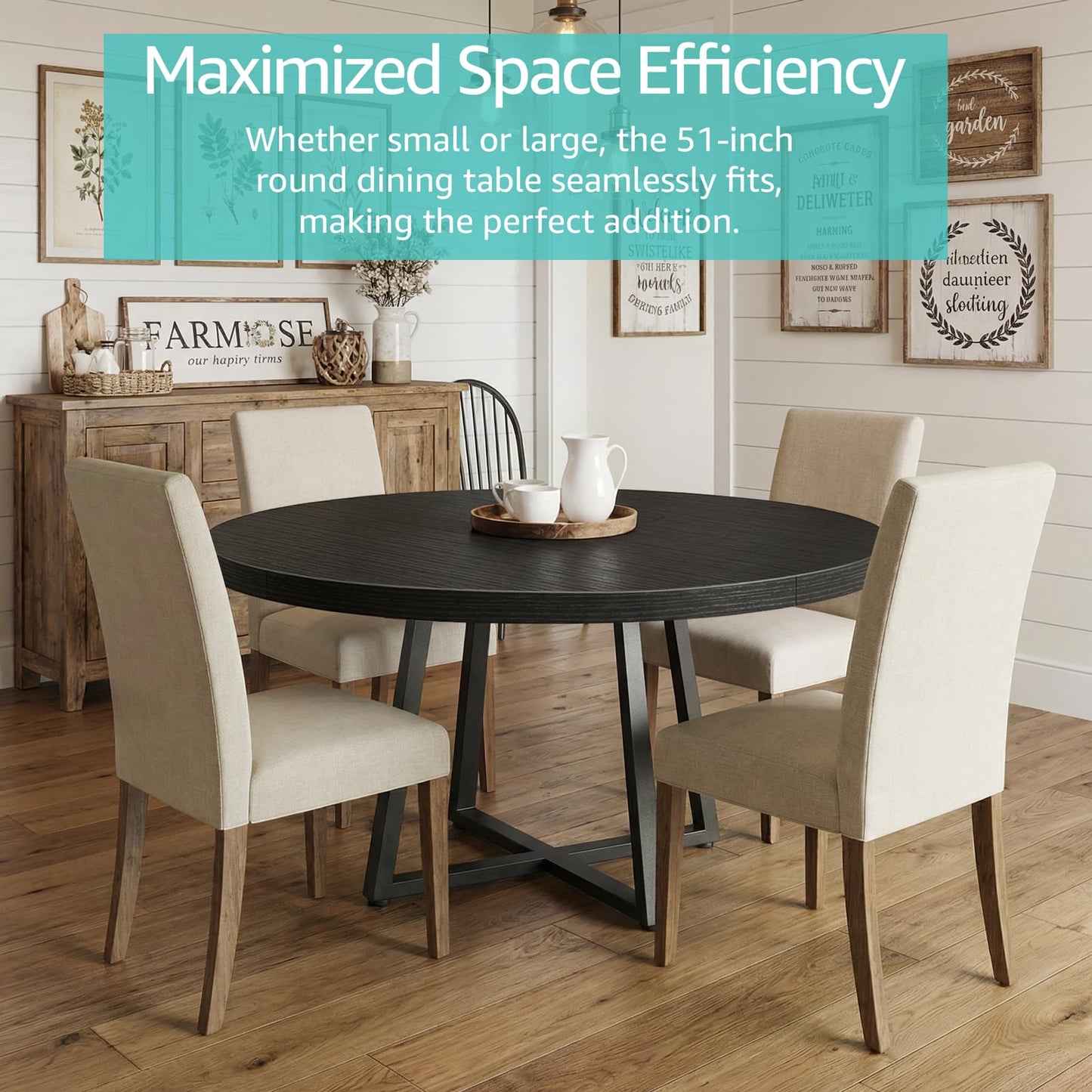 NUTIKAS 47 Inch Round Dining Table for 4, Modern Black Wood Grain Kitchen Table with Cross Metal Legs, Circular Industrial Dinner Table for Small Spaces, Breakfast Nook, Apartment, Office