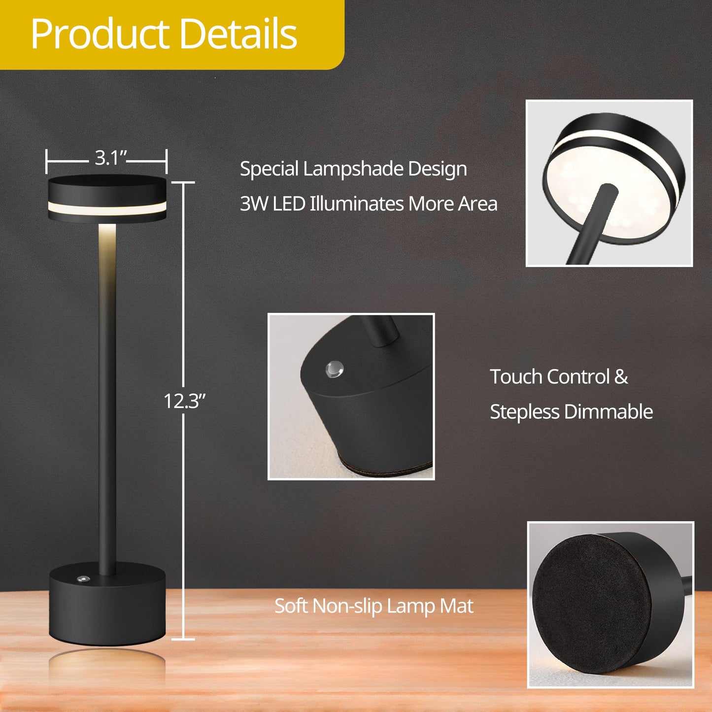 ECOESPTI Cordless Table Lamp, Portable Rechargeable Bedside Lamp, Touch Stepless Dimmable Desk Lamp, for Home Bedroom Hotel Restaurant Bar Outdoor, 2 Set, Black