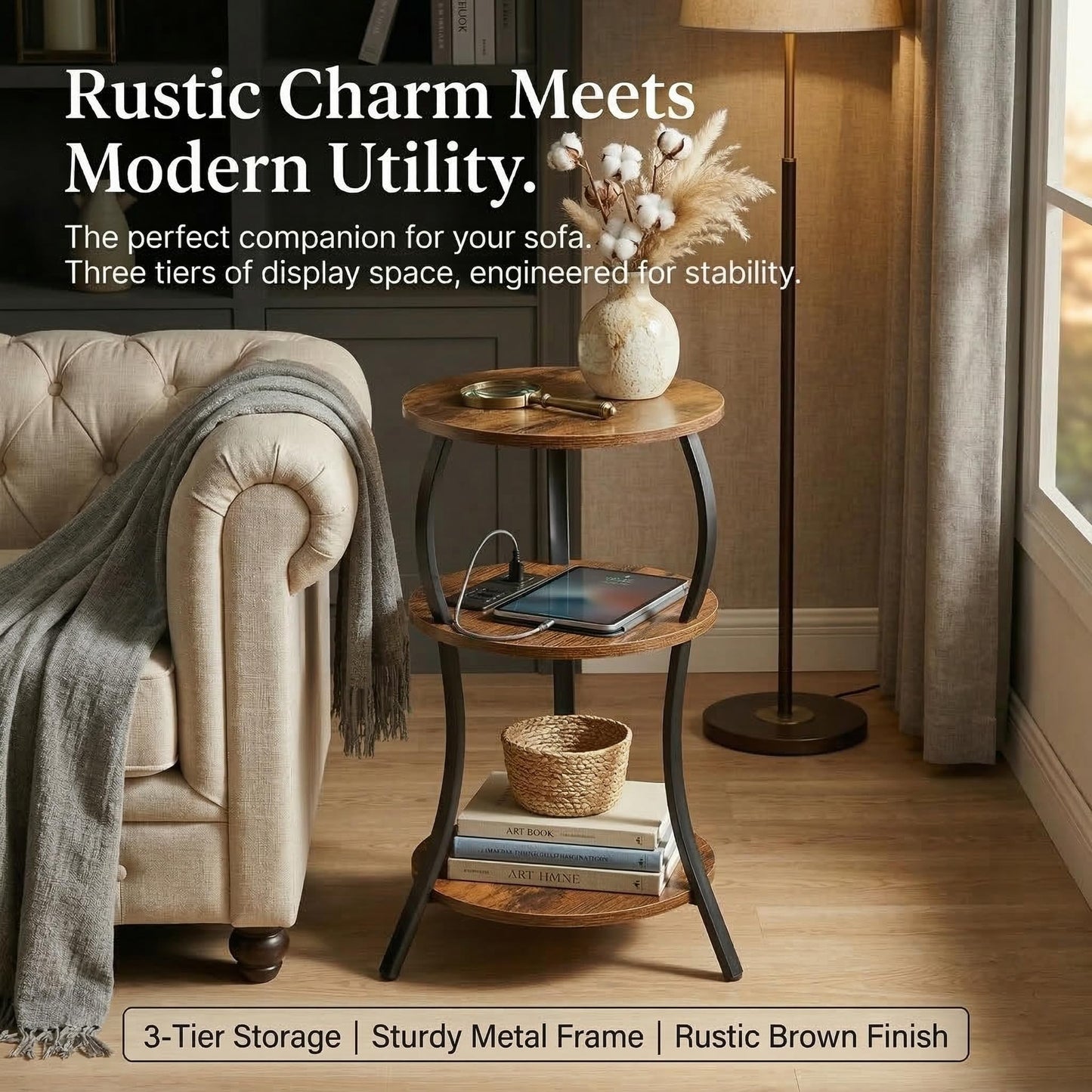 Small Round Side Table with Charging Station, 3-Tier Waist Circular End Table with Storage Shelf, Compact Tea Sofa Side Table Small Spaces, Round Corner Coffee Table for Living Room Bedroon,Brown