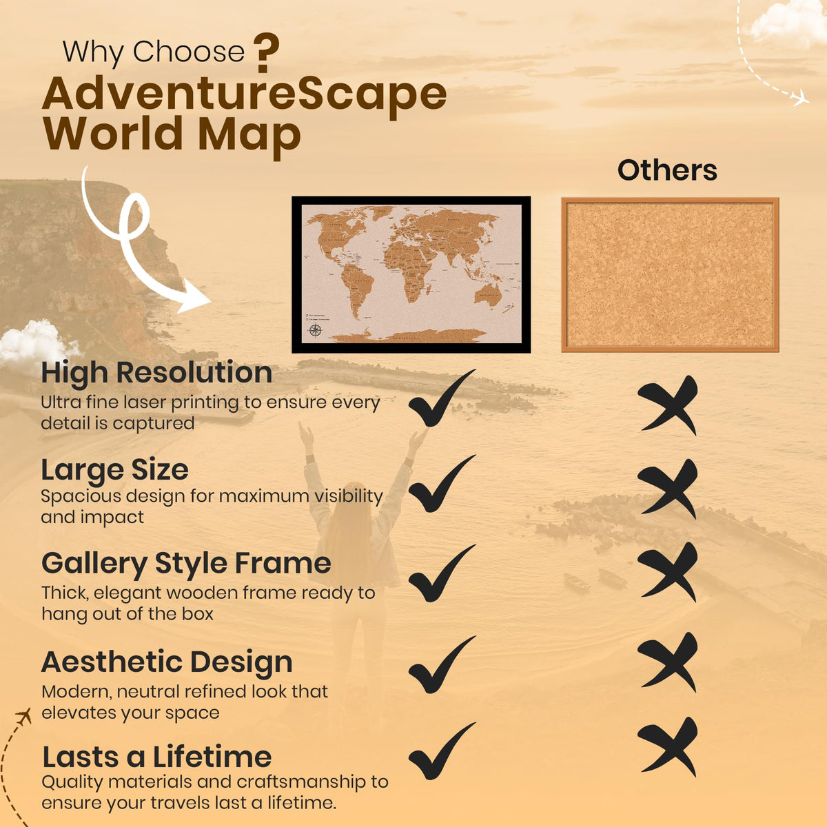 Large Push Pin World Travel Map – 30" x 20" Framed Cork Board Wall Art, Modern World Map with 200 Unique Pins for Tracking Adventures, A Premium Gift for Travelers, Couples and Families