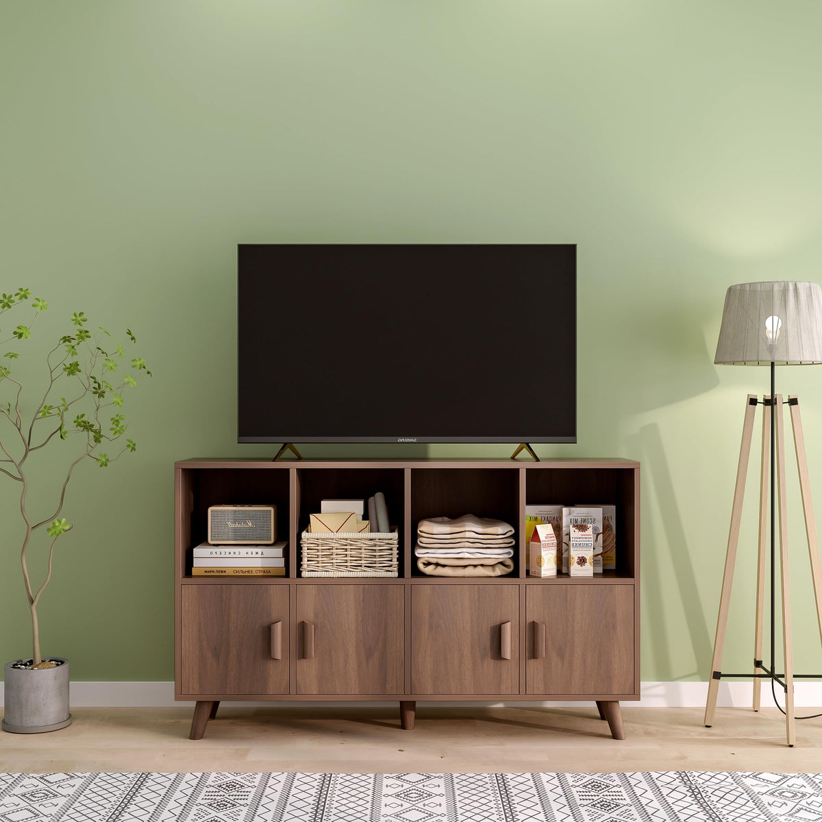 OSCHF Cubby Shelf Bookcase with Doors - Wooden 8 Cubes Floor Standing Open Bookshelf with Solid Wood Legs, 2-Tier Low Storage Cabinet, Walnut