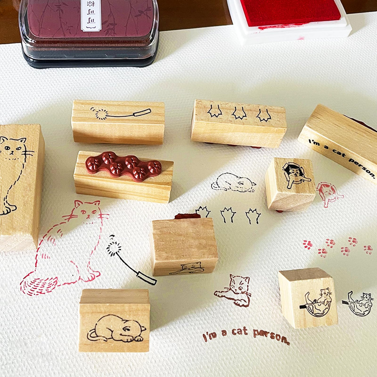 9 Pcs Cute Cat Rubber Stamp Set - Adorable Kitty Stamps with Paws, Paw Prints, Cat Toys, & Phrases - for DIY Art Journals, Scrapbooking, Card Making - Reusable Craft Stamps Gift for Crafters