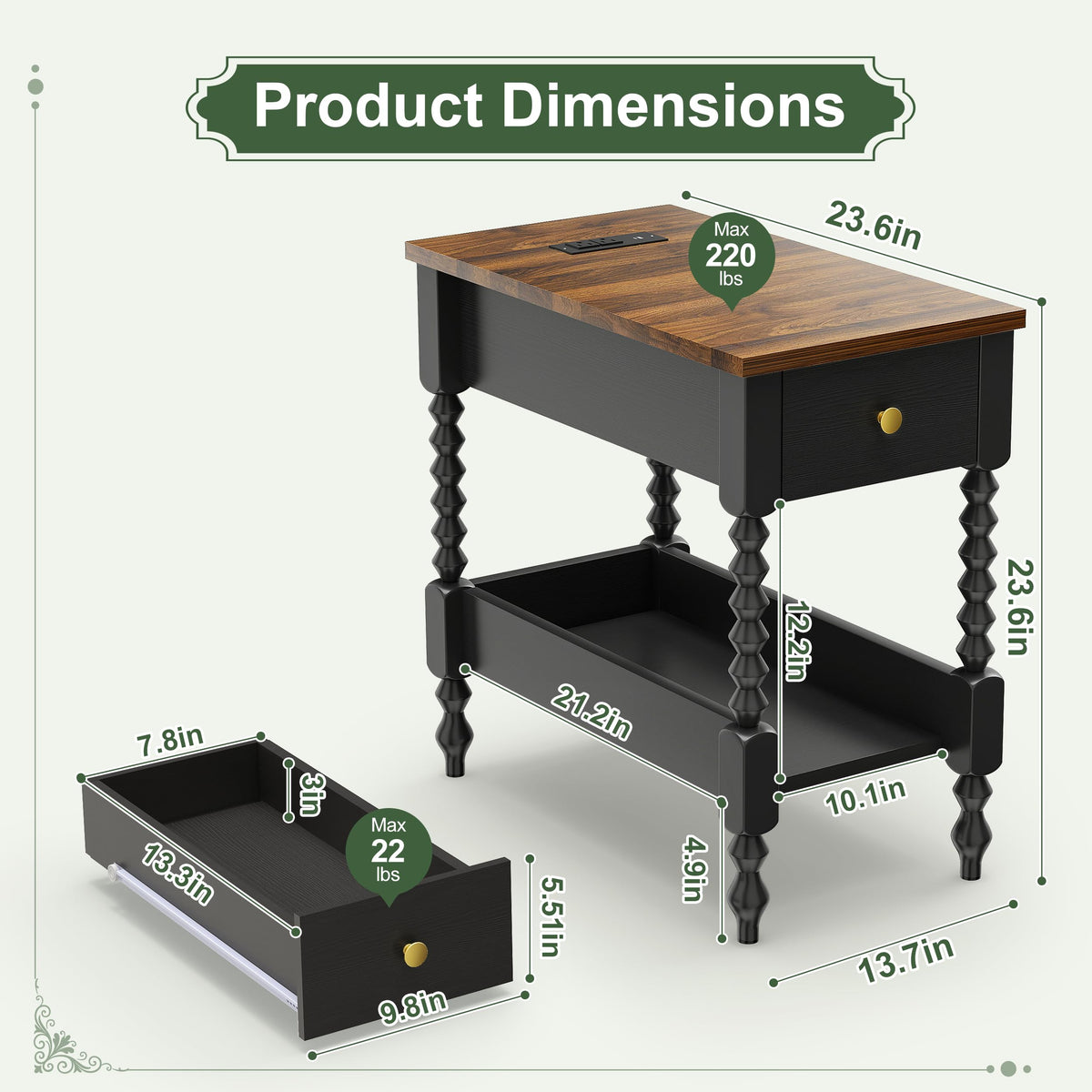 YOSHOOT Farmhouse End Table with Charging Station - Narrow Side Table for Living Room Bedroom Small Space, Wood Nightstand with Drawer and Power Outlets, Black