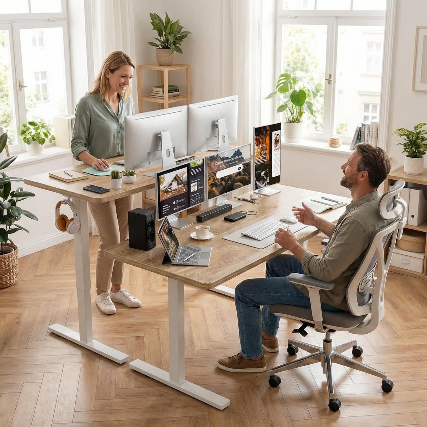 Grandder 55x32 Large Electric Standing Desk, Height Adjustable Computer Desk with 2 Memory Presets, 31.5" Deep Desktop Sit Stand Desk Home Office Desk Workstation Table with Hooks, Oak