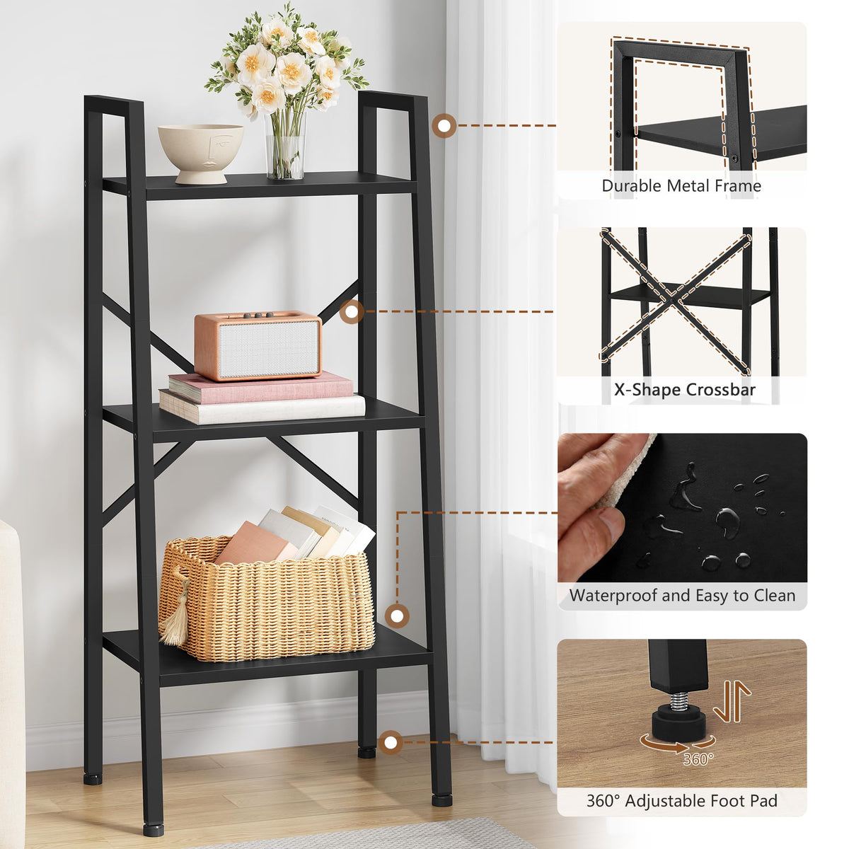 Hoctieon 3-Tier Industrial Ladder Bookshelf, Narrow Ladder Shelf, Tall Standing Bookshelf, Skinny Open Ladder Shelf, for Living Room, Home Office, Kitchen, Bedroom, Metal Frame, Black