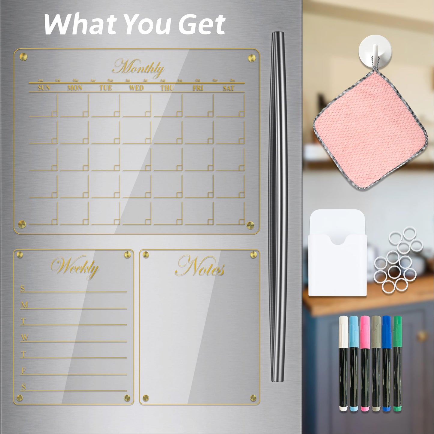 Luxury Acrylic Magnetic Calendar for Refrigerator | Acrylic Calendar for Fridge 12"x16" | 3 Fridge Calendars with Gold Magnets (Monthly, Weekly, and General Notes) | Acrylic Calendar for Wall