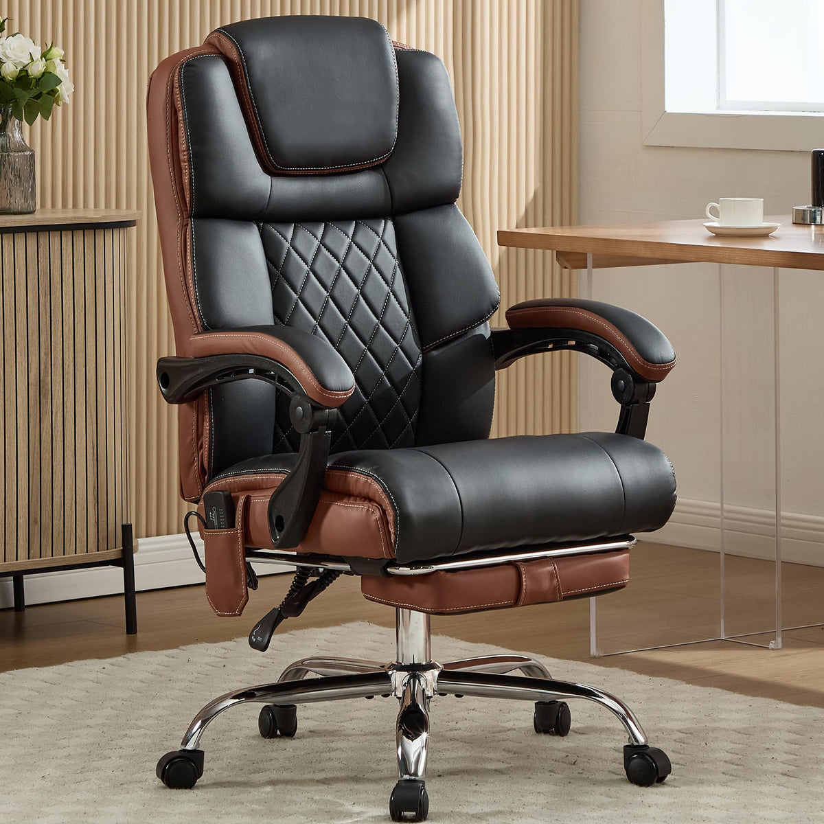 Massage Office Chair 6 Points 500lbs with Footrest,Reclining Desk Chair with Vibration Heat,Executive Big and Tall Chairs for Heavy People,Adjustable Height Ergonomic Black