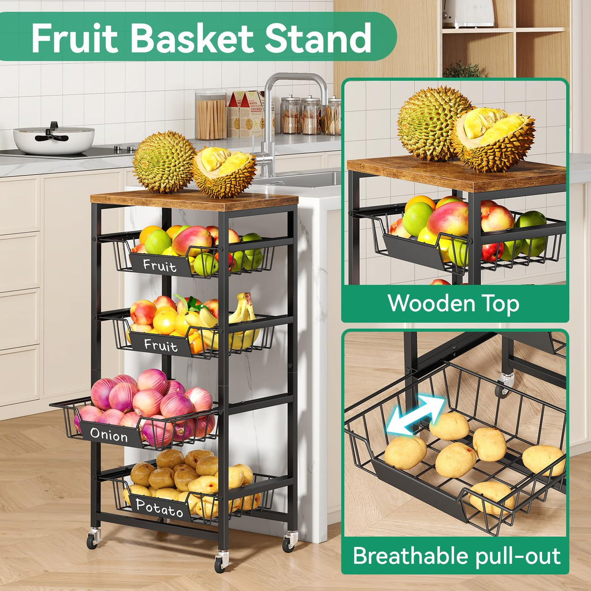 IBUYKE Kitchen Fruit Vegetable Storage Cart with Drawers,Metal Rolling Utility Cart with Fruit Basket and Wooden Top,Rolling Snack Kitchen Cart for Bedroom,Pantry,Office,Rustic Brown UTLJ026H