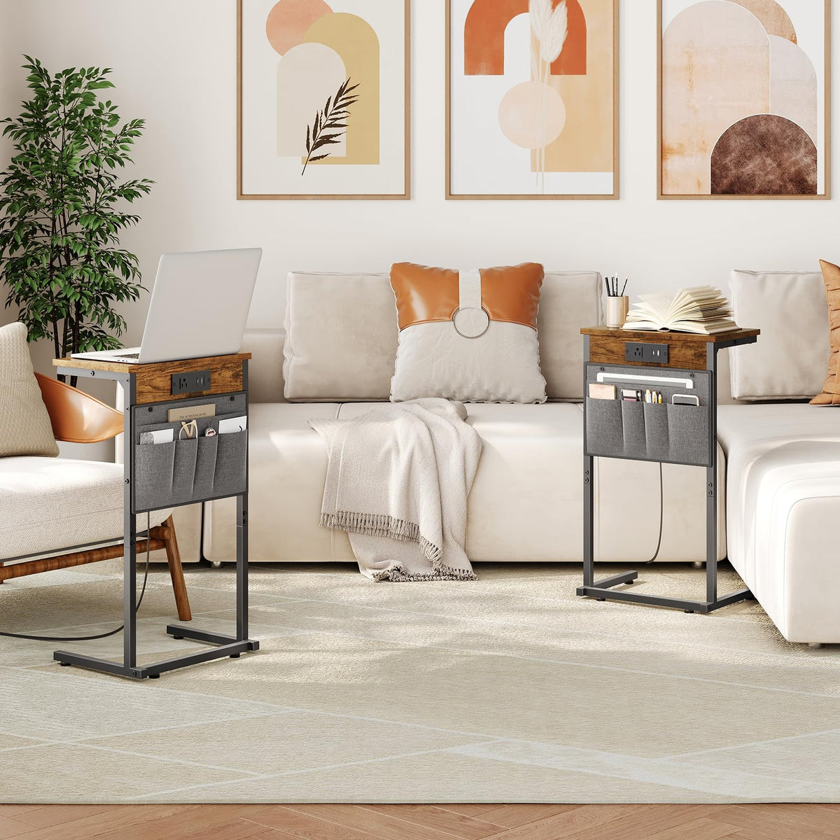 HOOBRO C Shaped End Table with Charging Station, 28" H Couch Side Table Slide Under, Sofa Arm Tray Table with Storage Bag for Living Room, Recliner, Rustic Brown BF70USF01